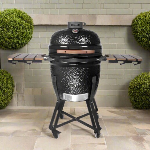 Henley Stoves Kamado 21-Inch Ceramic Charcoal Oven & BBQ Grill with Cart and Side Shelves Carbon Black