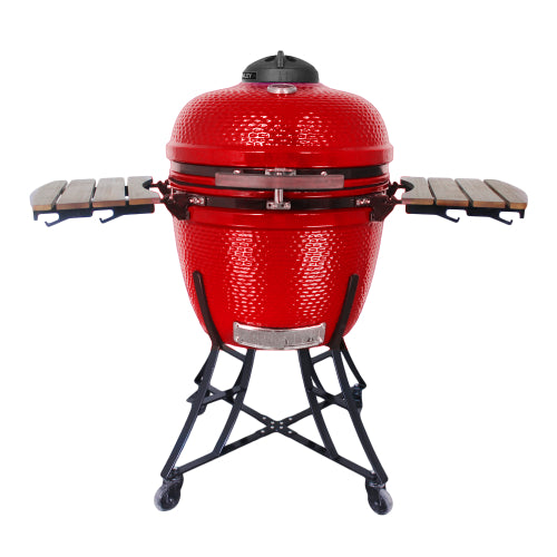 Henley Stoves Kamado 24-Inch Ceramic Charcoal Oven & BBQ Grill with Cart and Side Shelves Chilli Red